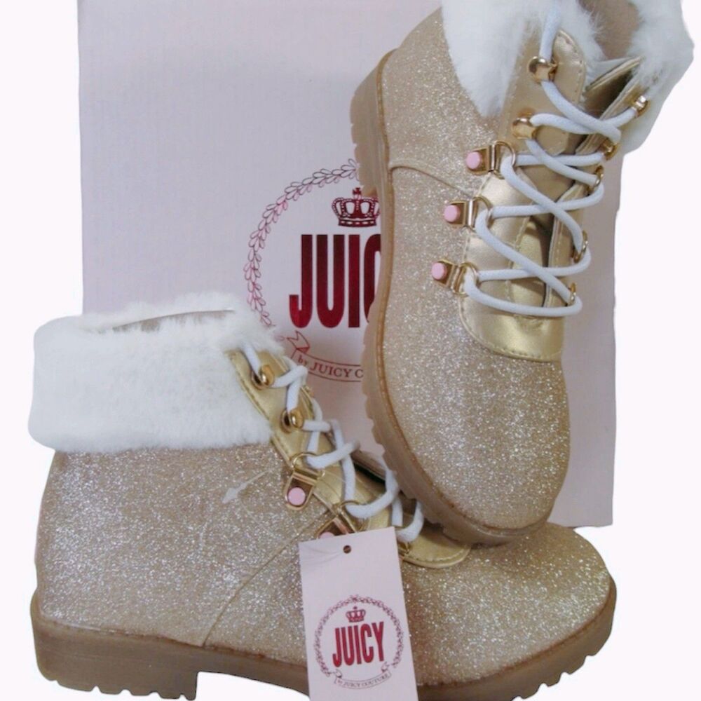 JUICY COUTURE Girls Gold Glittery Castro Valley Bootie Boot W/White Fur Sz3 NIB